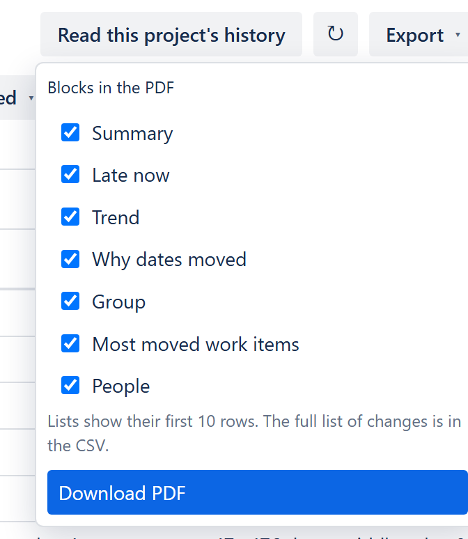 The Download PDF box: a ticked list of blocks and the Download PDF button.