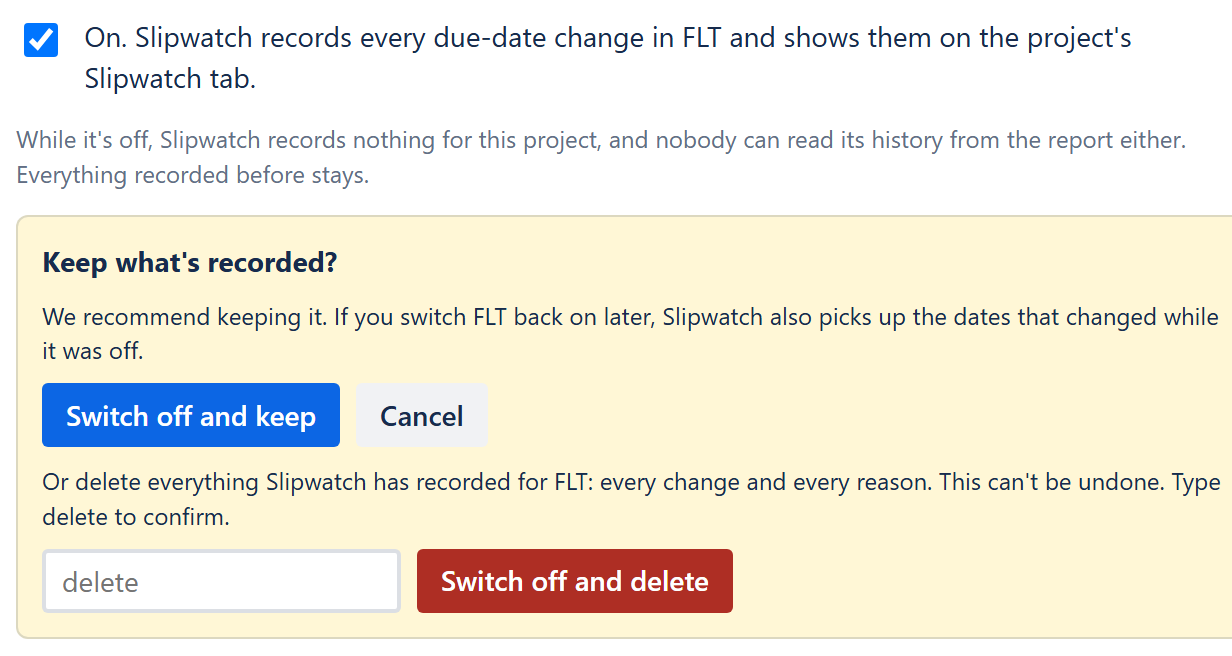 Keep what's recorded? with the Switch off and keep and Switch off and delete buttons.
