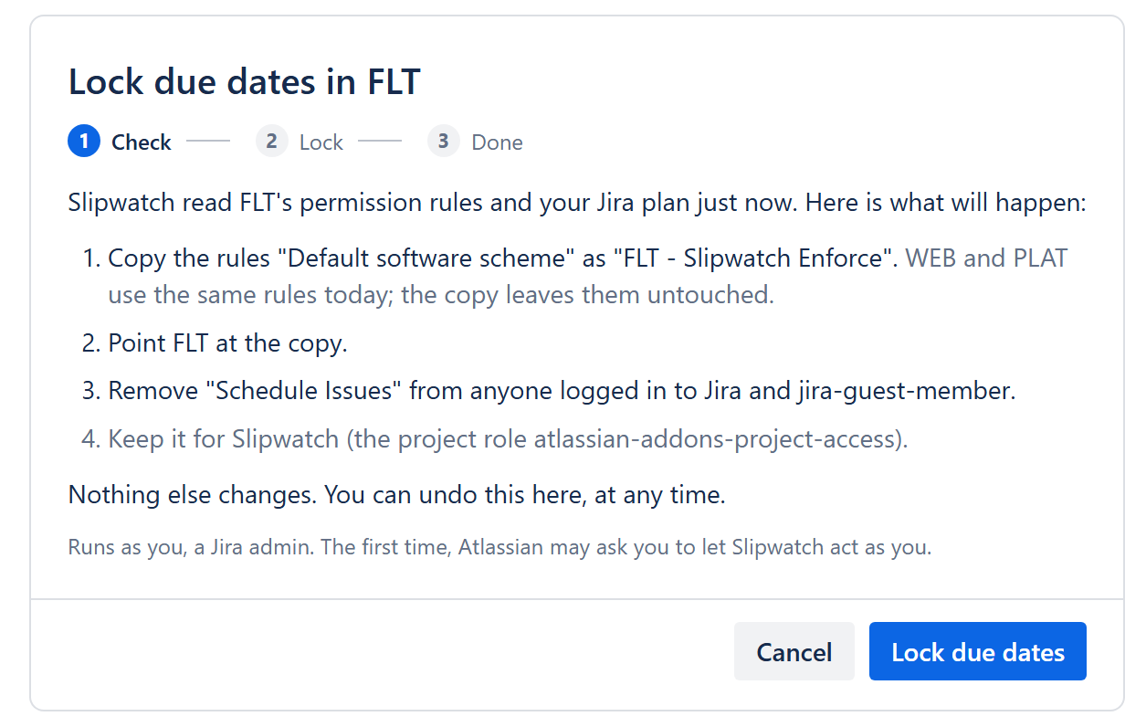 The first screen of Lock due dates in FLT: the four steps Slipwatch will take, with Cancel and Lock due dates.